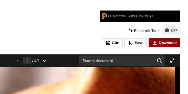 Screenshot of a Princeton University Press digital document viewer showing the top toolbar. The toolbar includes buttons for zooming, navigating pages, searching the document, citing, saving, and downloading.